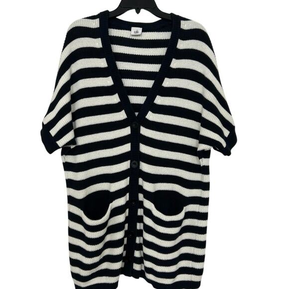Cabi Whistle Navy Blue & White Striped Long Line Cardigan Sweater Small Coastal - Picture 2 of 11